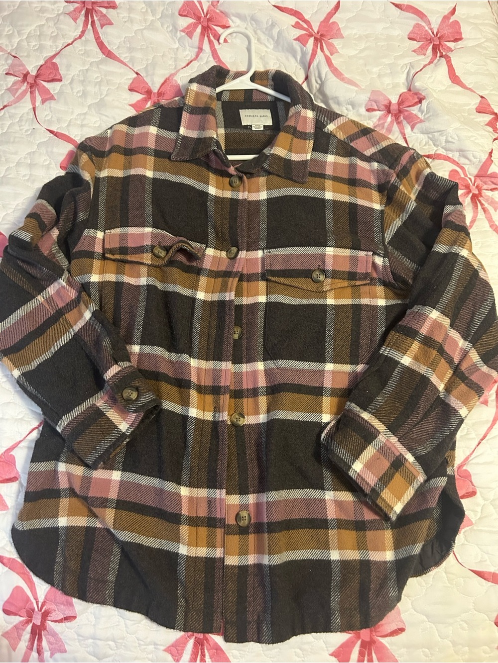 American Eagle Cozy Plaid Button-Up Flannel in Brown, Pink & Mustard